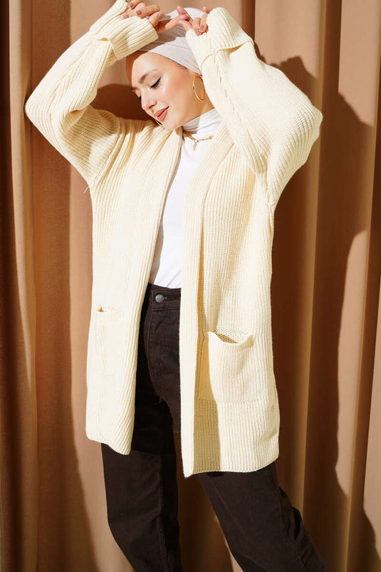 كارديغان محبوك برقبة شال من خيوط الأرز بلون حجر