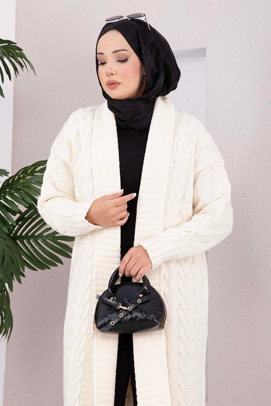 كارديغان طويل من الصوف المحبوك بياقة شال بلون بيج