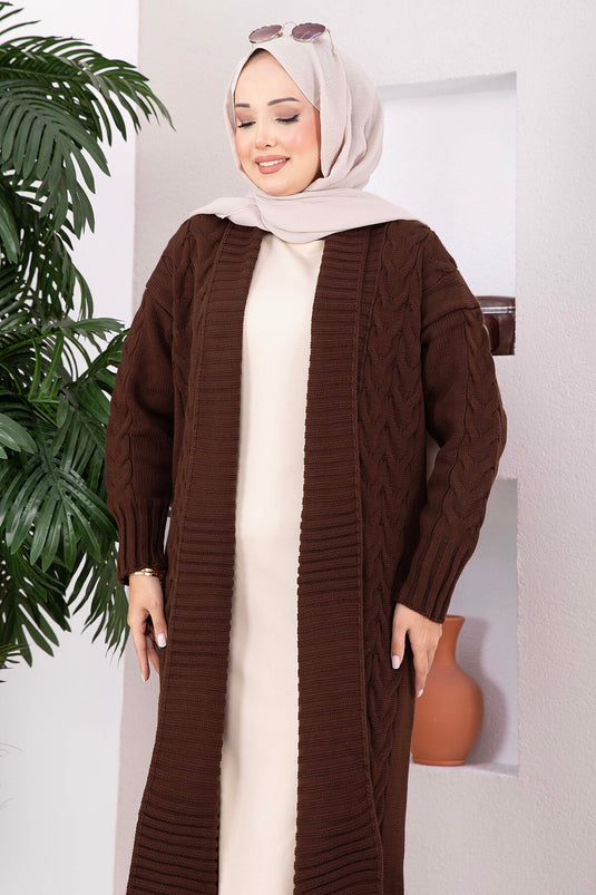 كارديجان طويل بياقة شال من الصوف بني