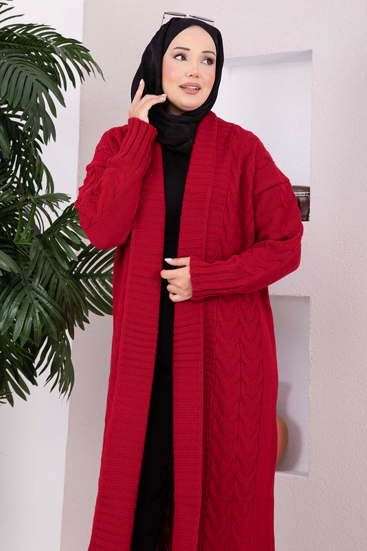 Chaqueta Larga De Punto Con Cuello Chal Roja