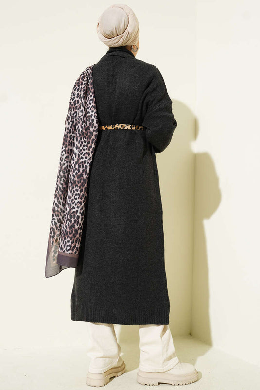 Gilet long en maille à col châle, gris foncé