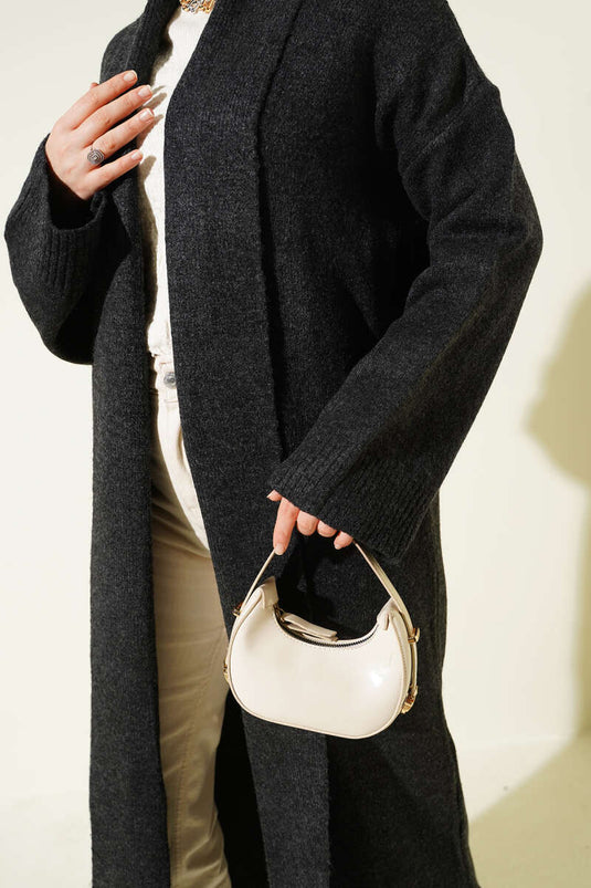 Gilet long en maille à col châle, gris foncé