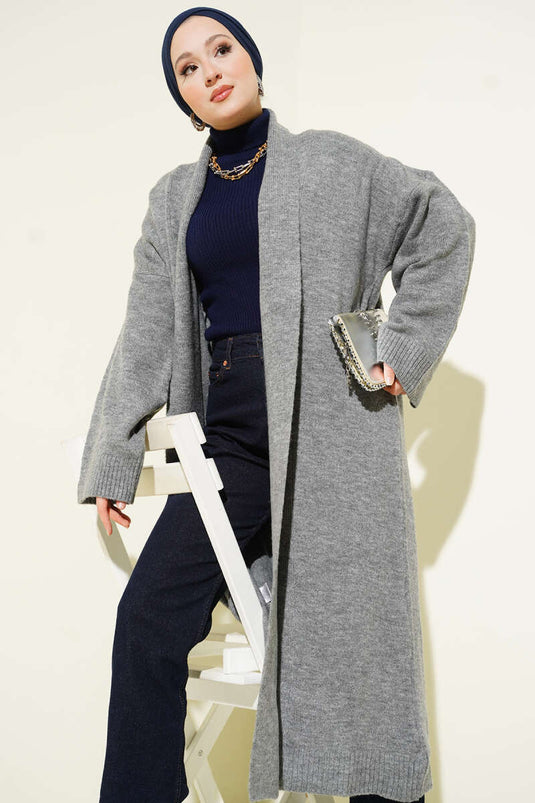 Gilet long en maille grise à col châle