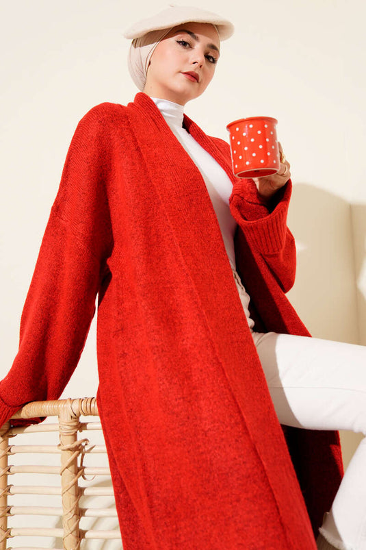 Shawl Collar Long Knitted Cardigan Red