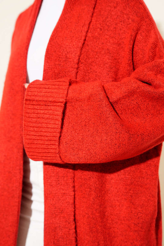 Shawl Collar Long Knitted Cardigan Red