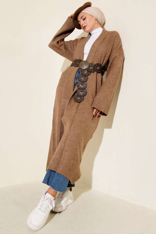 Cardigan lungo lavorato a maglia con collo a scialle, colore visone