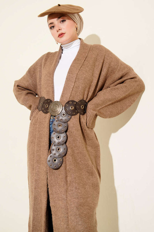 Shawl Collar Long Knitted Cardigan, Mink Color
