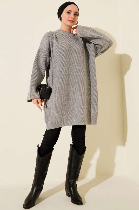 تونيك رمادي فضفاض بياقة دائرية مزين بالترتر