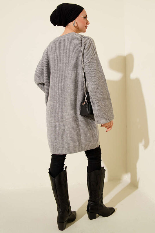 تونيك رمادي فضفاض بياقة دائرية مزين بالترتر