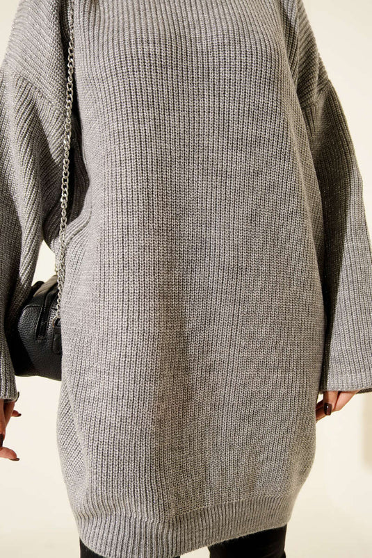 Tunica in maglia glitterata con scollo rotondo ampia, grigia