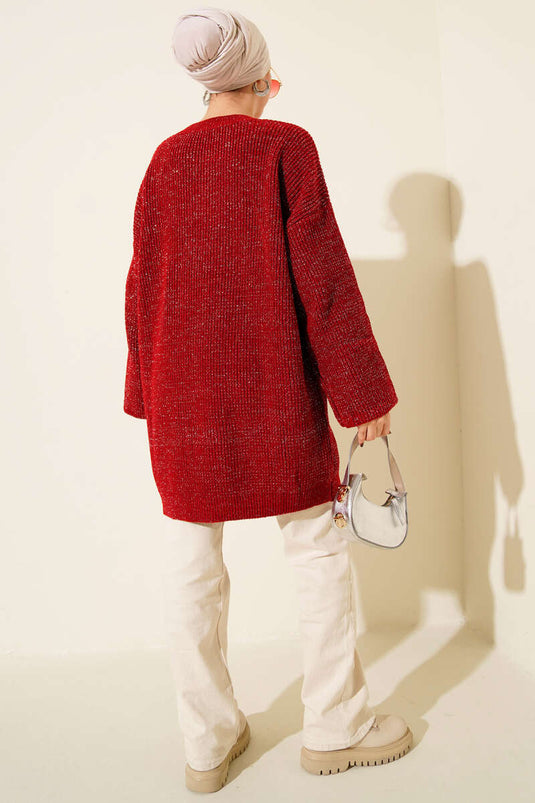 تونيك فضفاض بياقة دائرية مزين بالترتر، أحمر