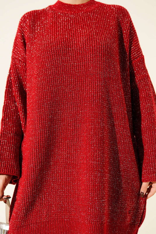 Tunica ampia in maglia glitterata con scollo rotondo, rossa