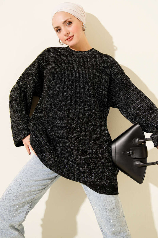 تونيك أسود فضفاض بياقة دائرية مزين بالترتر