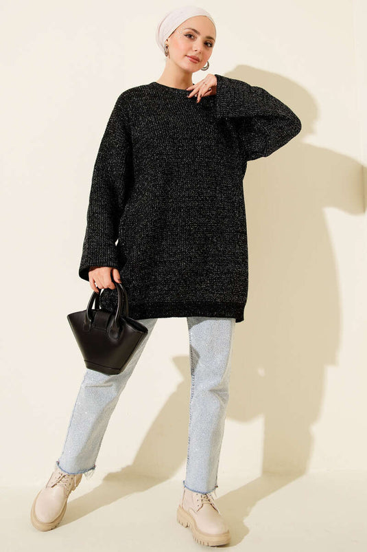 تونيك أسود فضفاض بياقة دائرية مزين بالترتر