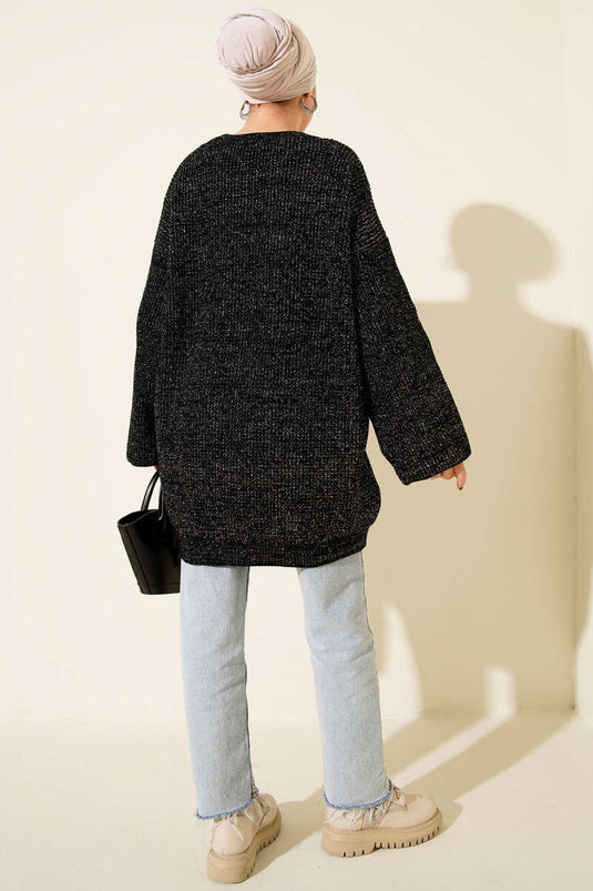 تونيك أسود فضفاض بياقة دائرية مزين بالترتر