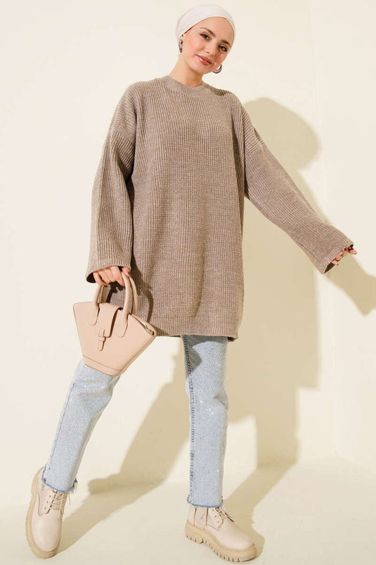 تونيك فضفاض بياقة دائرية مزين بالترتر، لون المنك