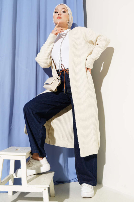 Salaş Fitilli Uzun Hırka Bej