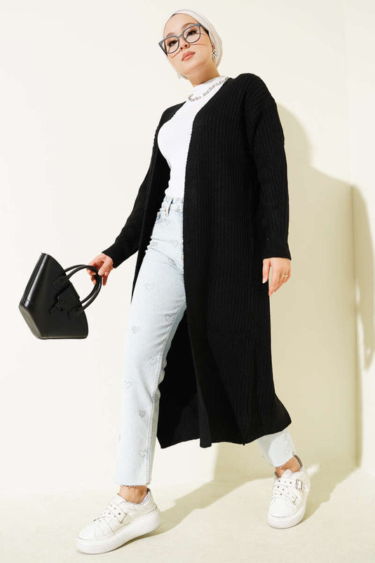 Salaş Fitilli Uzun Hırka Siyah