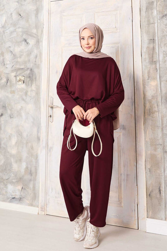 Loose Fit Shalwar Trousers Set Burgundy