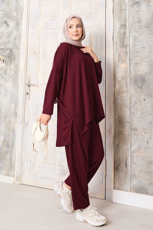 Loose Fit Shalwar Trousers Set Burgundy