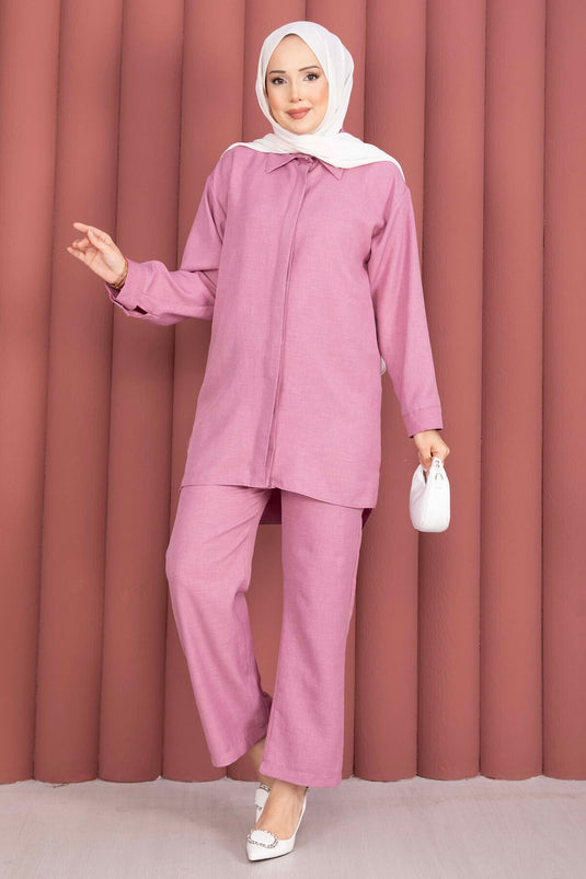 Ensemble deux pièces tunique ample et pantalon couleur corail pâle