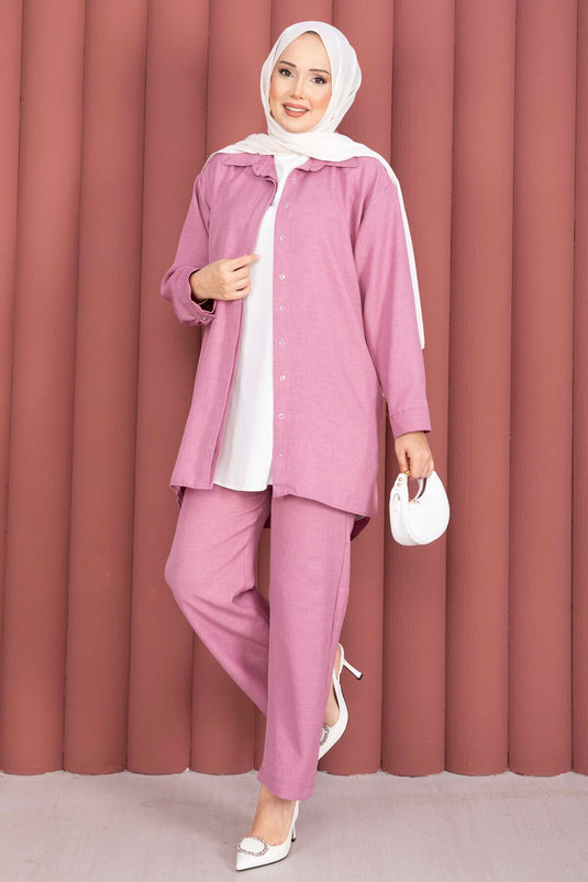 Ensemble deux pièces tunique ample et pantalon couleur corail pâle