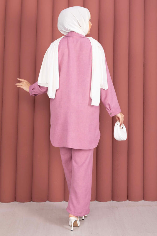 Ensemble deux pièces tunique ample et pantalon couleur corail pâle