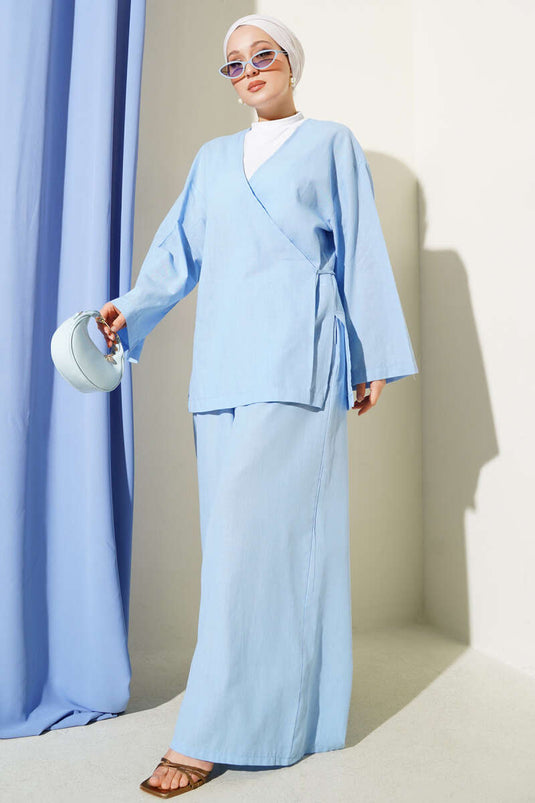 بدلة كيمونو كاجوال من قطعتين باللون الأزرق