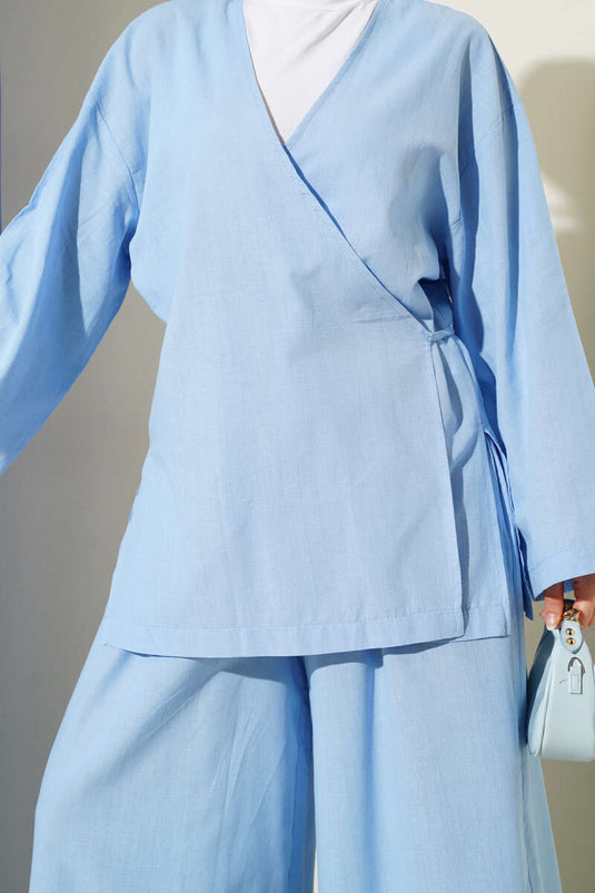 بدلة كيمونو كاجوال من قطعتين باللون الأزرق