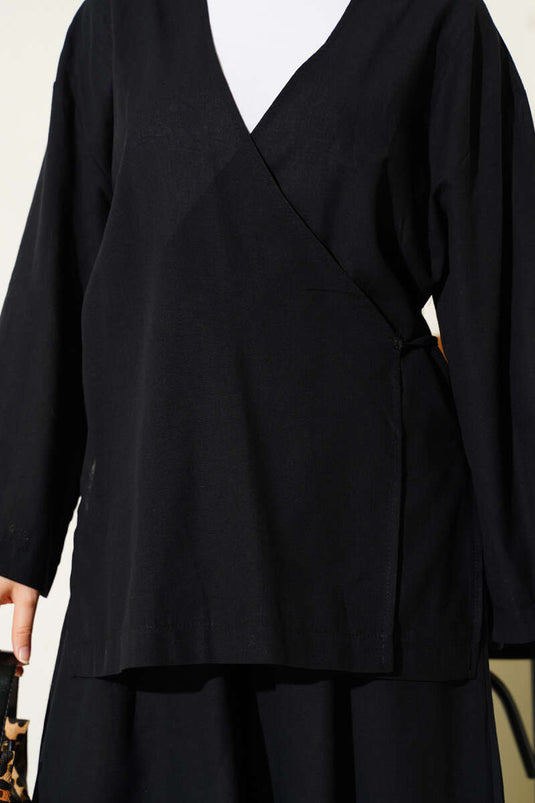 بدلة كيمونو كاجوال من قطعتين باللون الأسود
