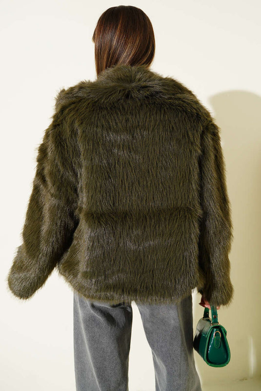 معطف فرو فضفاض، لون كاكي.