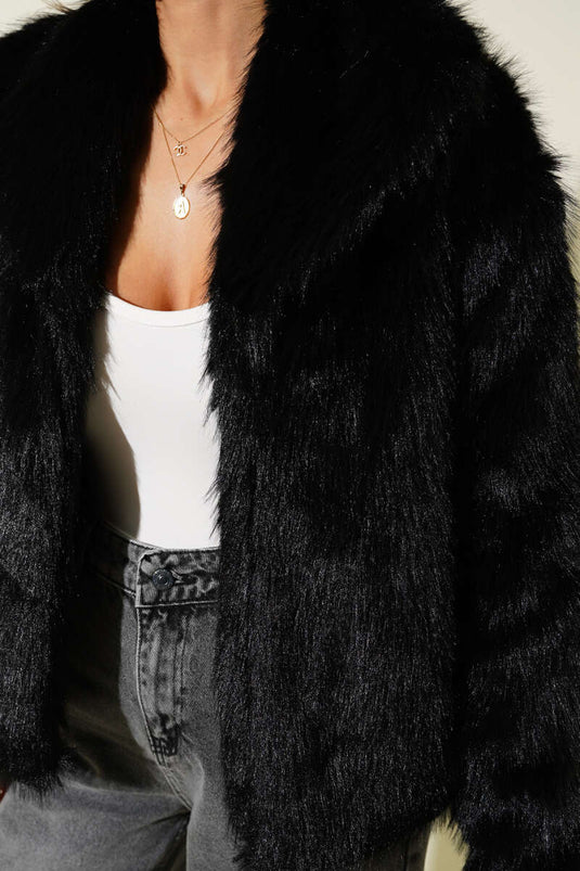 معطف فرو فضفاض، أسود