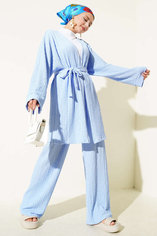 طقم كيمونو كاجوال بحزام من قطعتين، أزرق فاتح