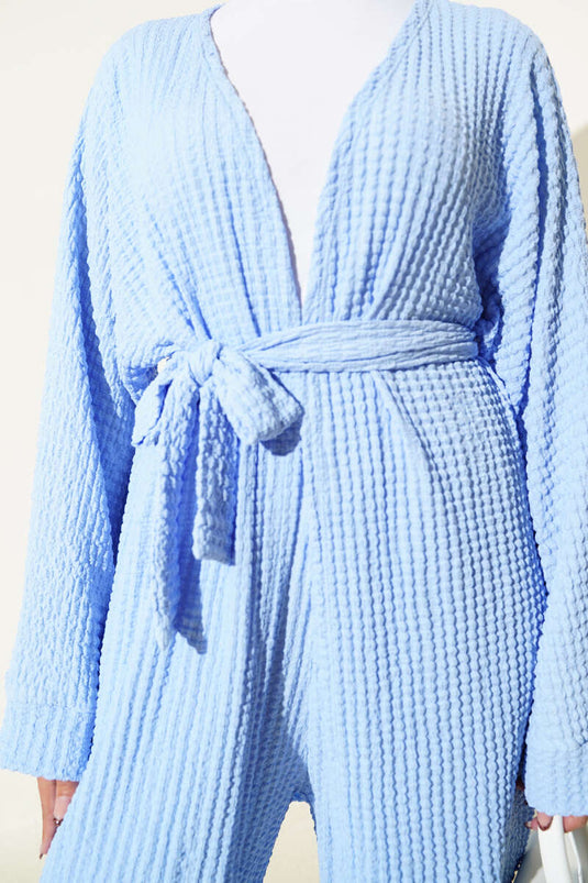 طقم كيمونو كاجوال بحزام من قطعتين، أزرق فاتح