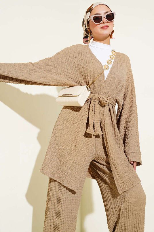 Salaş Kuşaklı Kimono İkili Takım Camel