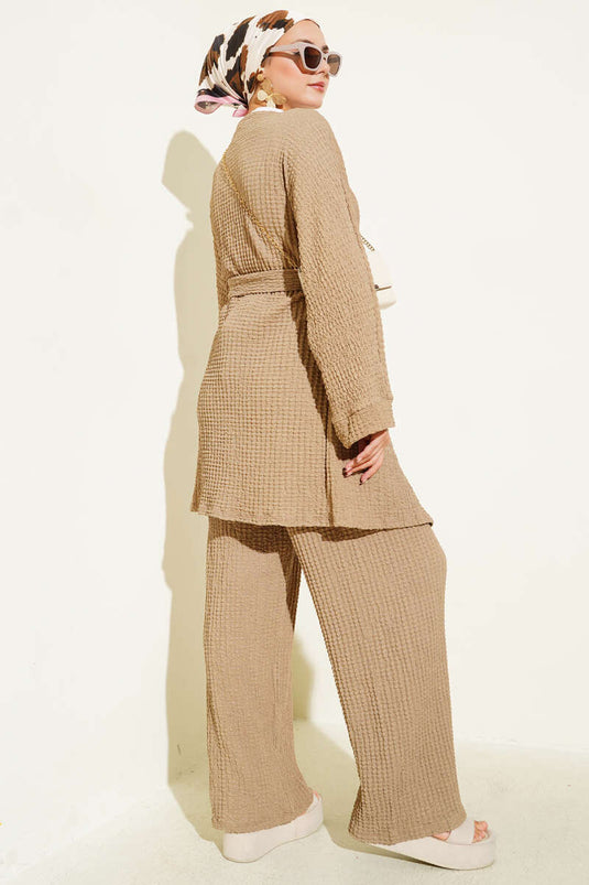 Salaş Kuşaklı Kimono İkili Takım Camel