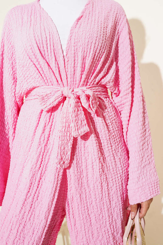 Casual Belted Kimono Two-Piece Suit Pink