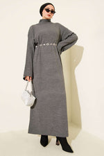 Robe En Maille Décontractée Avec Ceinture Gris Fumé