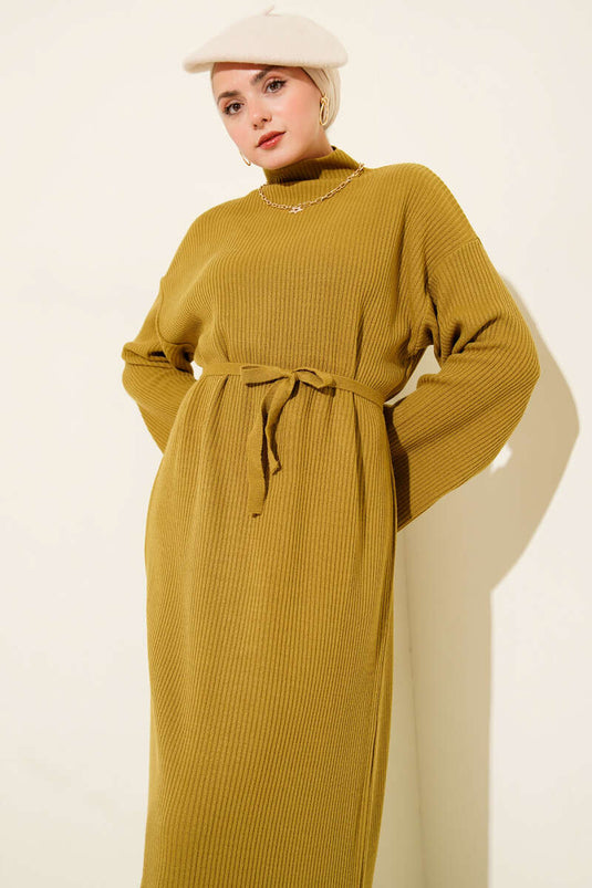 Loose Belted Knit Dress Oil Green