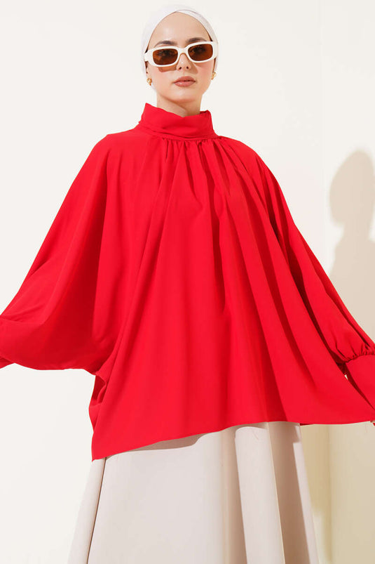 Oversized Turtleneck Satin Red Blouse