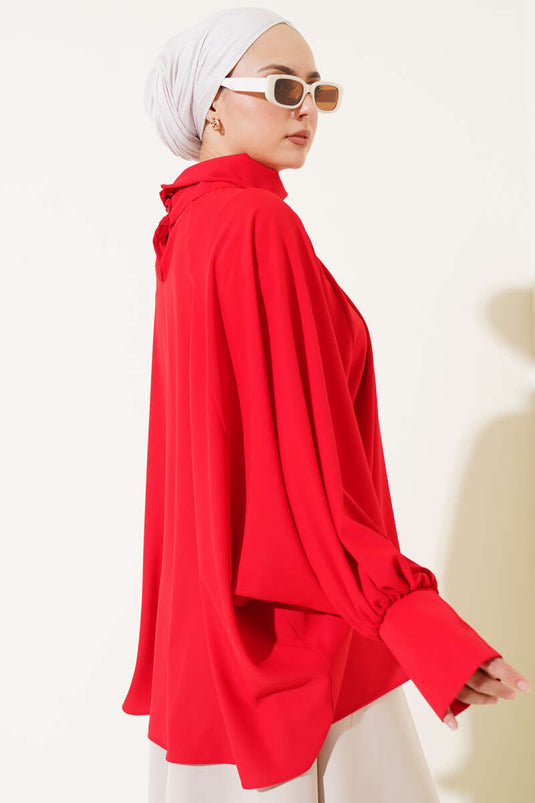 Oversized Turtleneck Satin Red Blouse