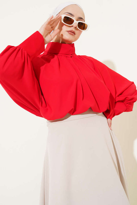 Oversized Turtleneck Satin Red Blouse