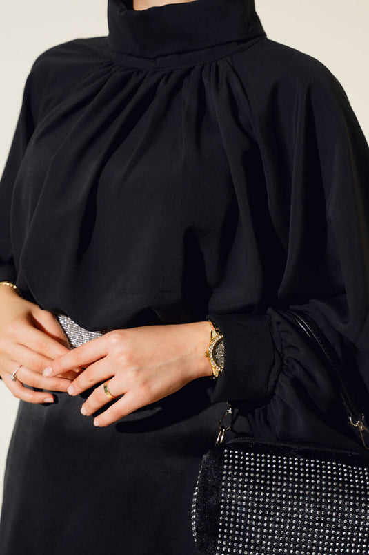 Oversized Turtleneck Satin Black Blouse