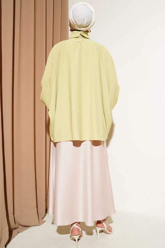 Oversized Model Turtleneck Satin Oil Green Blouse