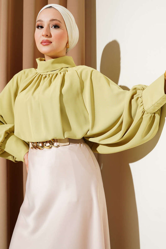 Oversized Model Turtleneck Satin Oil Green Blouse