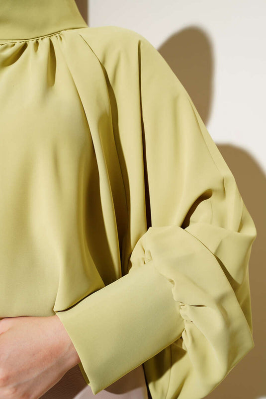 Oversized Model Turtleneck Satin Oil Green Blouse