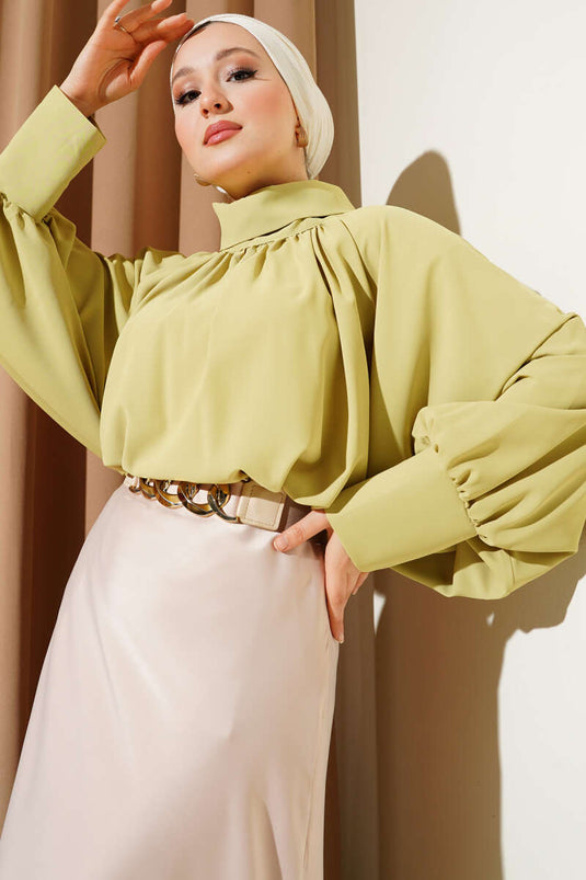 Oversized Model Turtleneck Satin Oil Green Blouse