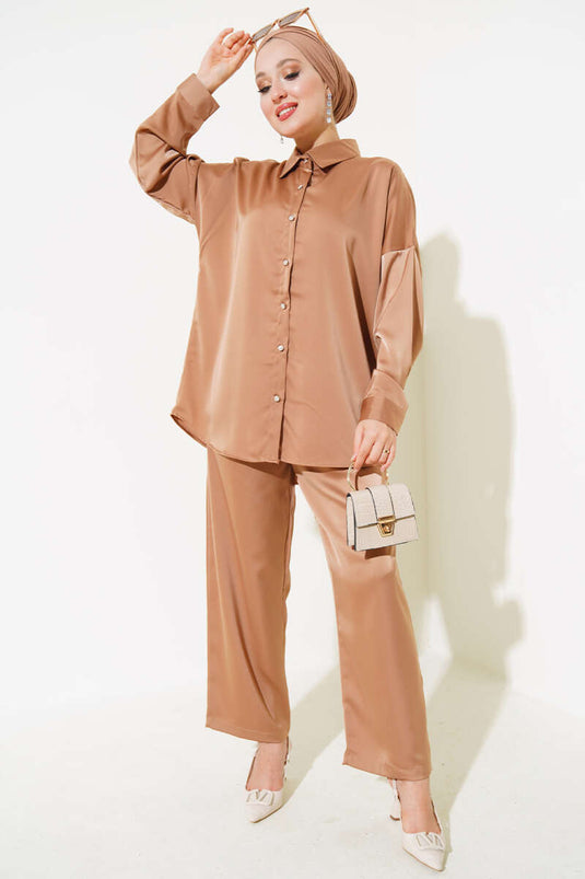 Salaş Saten İkili Takım Latte