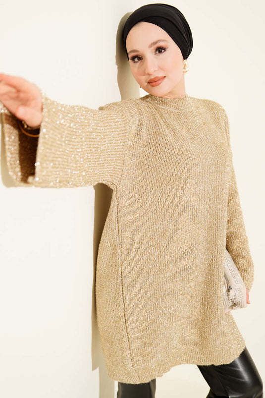تونيك فضفاض محبوك لامع، بيج