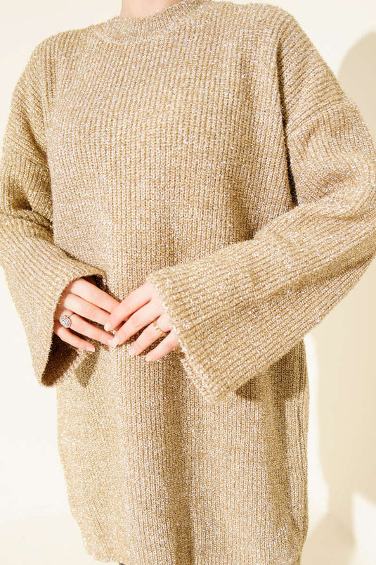 تونيك فضفاض محبوك لامع، بيج